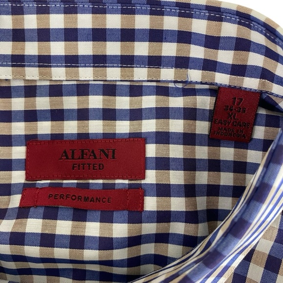 Alfani Mens Button Up Shirt Size XL 17 34/35 Fitted Performance Navy Tan Check - Picture 3 of 15
